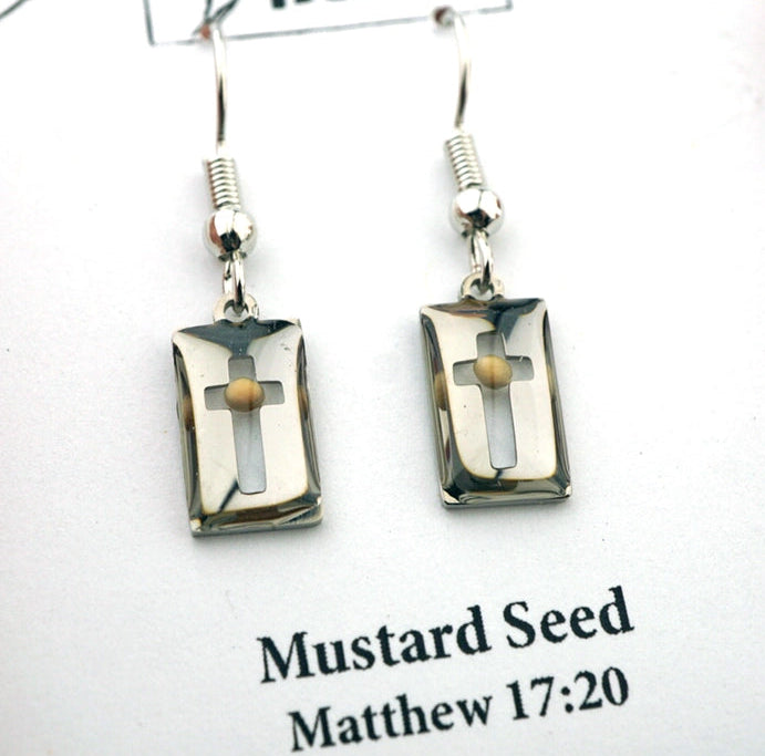 Rectangle Cross Mustard Seed Earrings