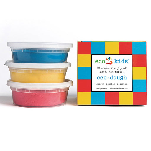 Stack of three different colored eco-dough containers with a box labeled 'eco-kids' on a white background