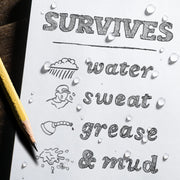 Sheet of paper with text 'SURVIVES water sweat grease & mud' and illustrations, with a pencil on a wet surface.