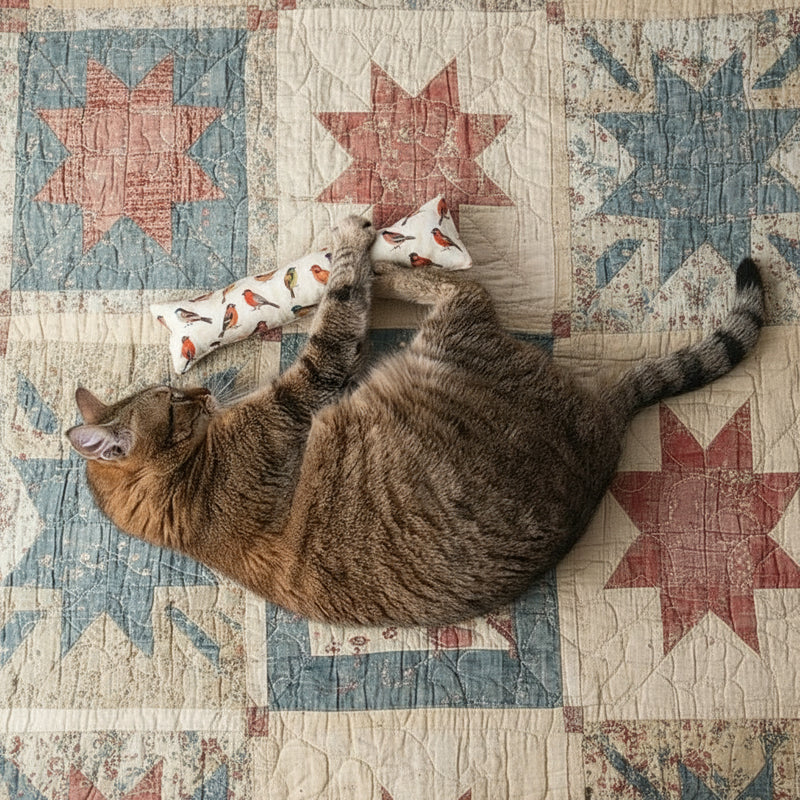 Cat playing with a cat kicker toy on a quilt 