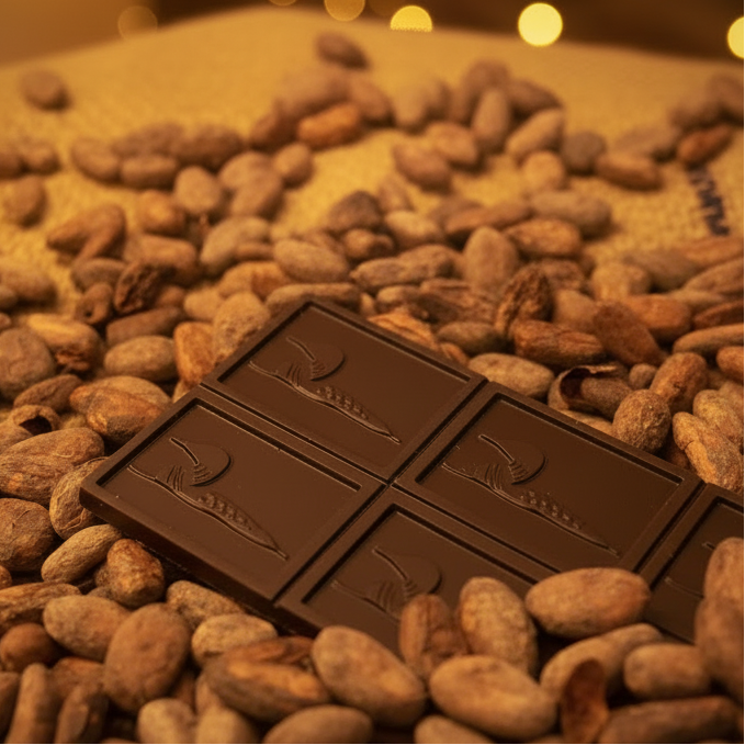 Chocolate Bar - Dark Chocolate with Coffee displayed in a pile of cocoa beans
