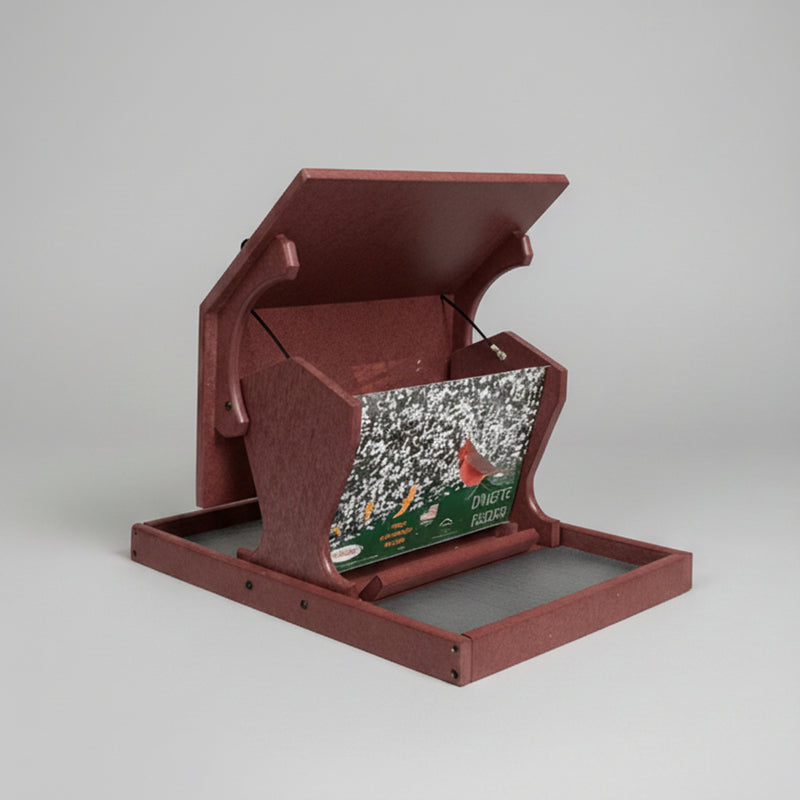 Dinette Recycled Bird Feeder - Cherrywood
Roof hinges open to fill the hopper