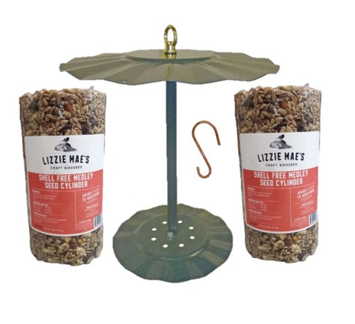 Two Lizzie Mae's shell free medley seed cylinders with a cylinder seed feeder on a white background.