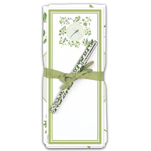 Pen set with a green ribbon on a decorative card with summer dragonfly  floral patterns