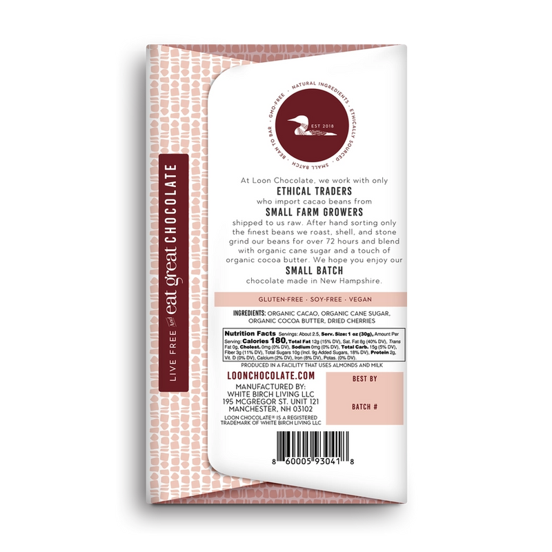 Chocolate Bar - Dark Chocolate with Dried Cherries - ingredients and nutritional information
