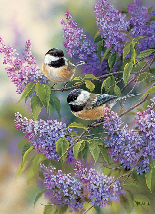 Chickadee Due Tray Puzzle final image: 2 chickadees perched on branches with bright purple clusters of blossoms.