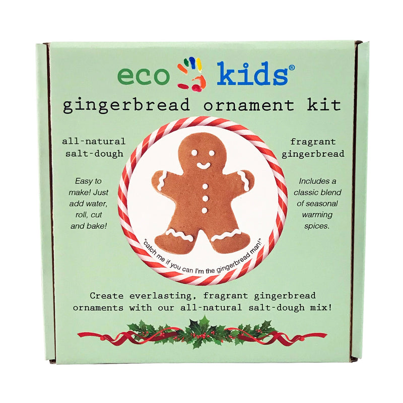 Box of eco kids gingerbread ornament kit box with a gingerbread man design on a green background