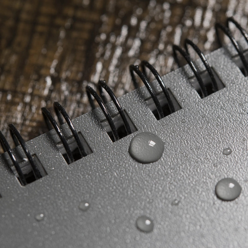 close of of spiral spine with water droplets on cover