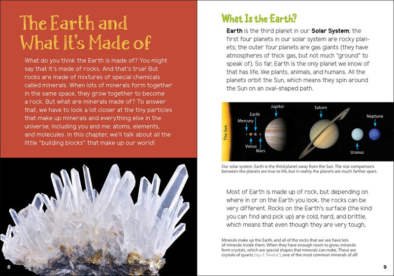 Educational book page about Earth and its composition with a crystal formation image.
