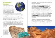 Book page about geoscience with Earth image, text, and rock illustration.