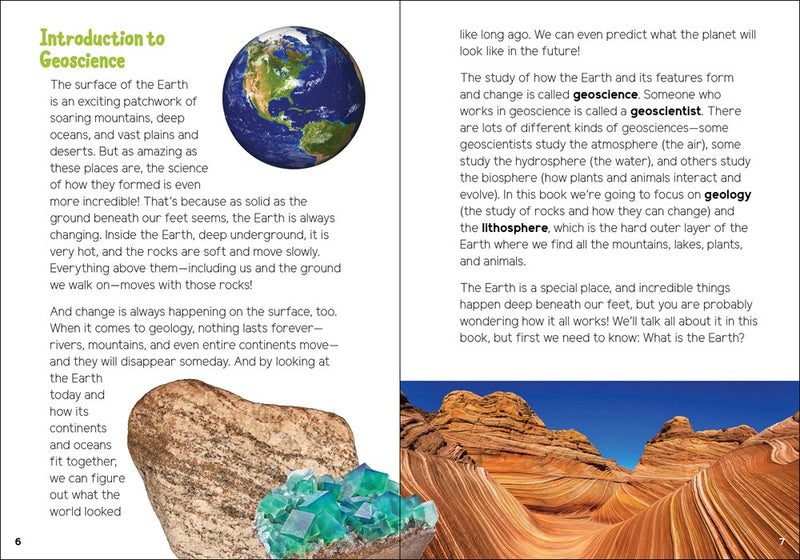 Book page about geoscience with Earth image, text, and rock illustration.