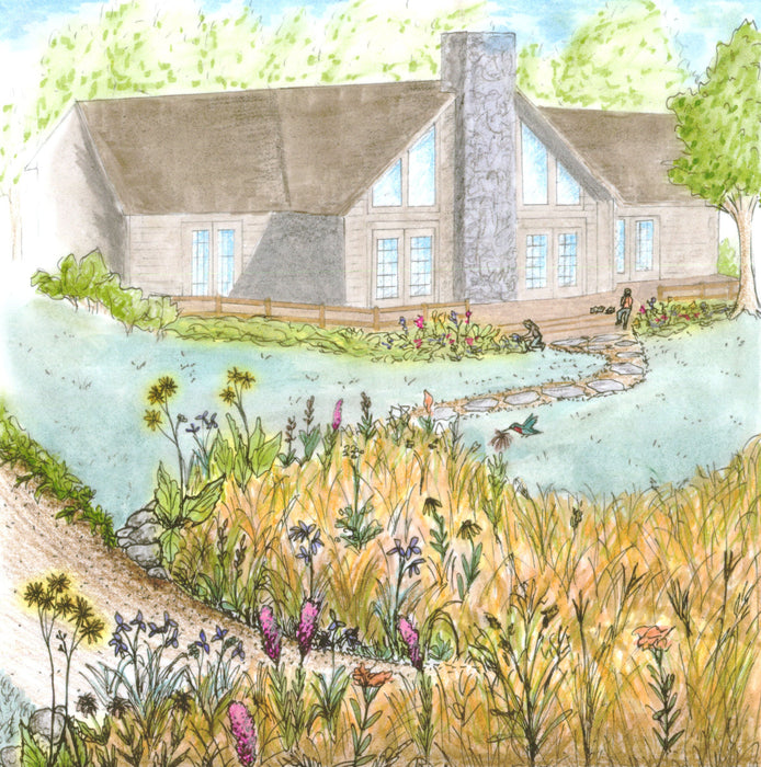 perspective of house with native flower gardens