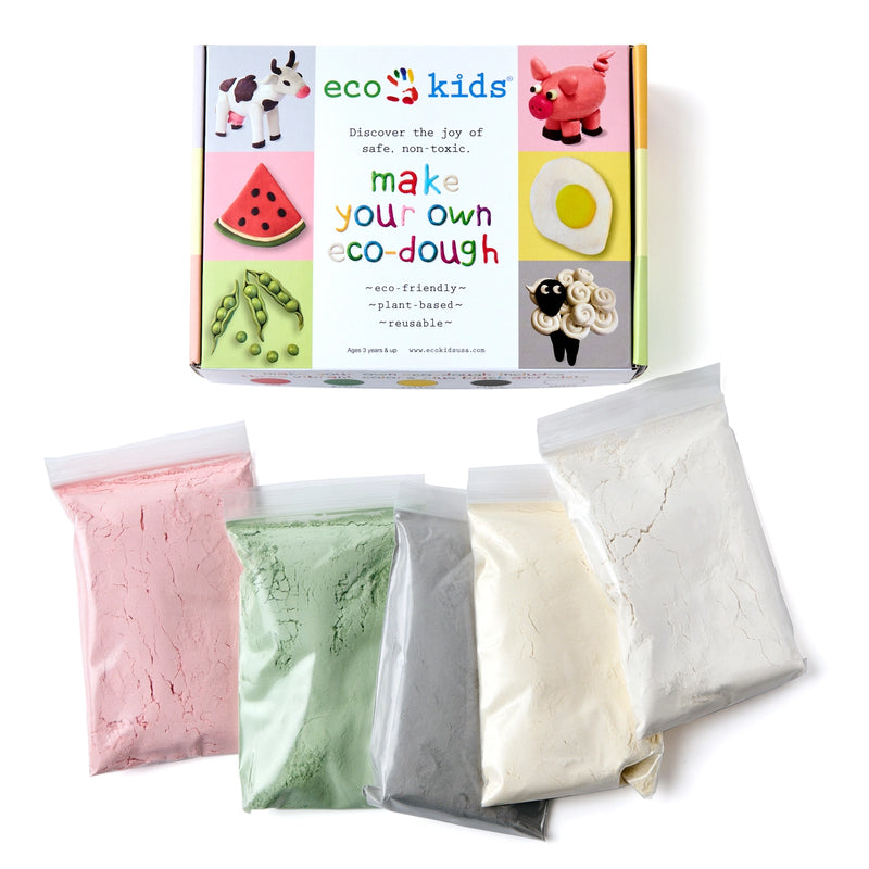 Make your own eco-dough kit with colorful packaging and dough samples on a white background