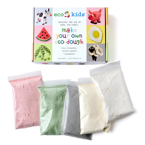 Make your own eco-dough kit with colorful packaging and dough samples on a white background
