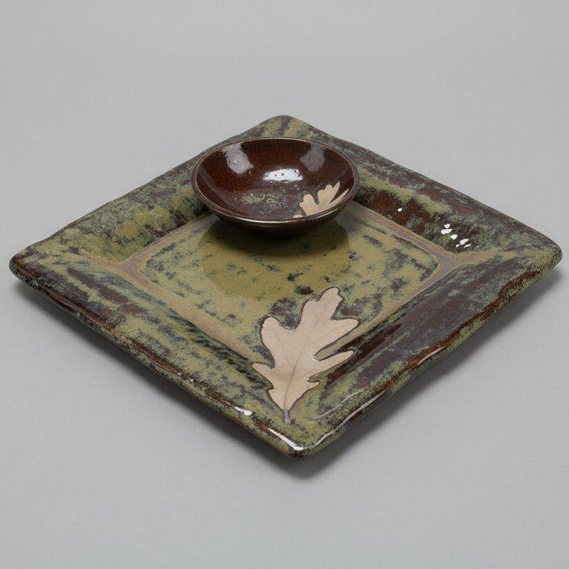 Square Embossed Stoneware Platter with Bowl - White Oak