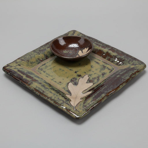 Square Embossed Stoneware Platter with Bowl - White Oak