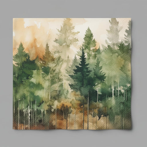 Lunch size napkins with watercolor evergreen forrest design in greens and browns