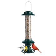 Bird feeder with birds perched on it against a white background