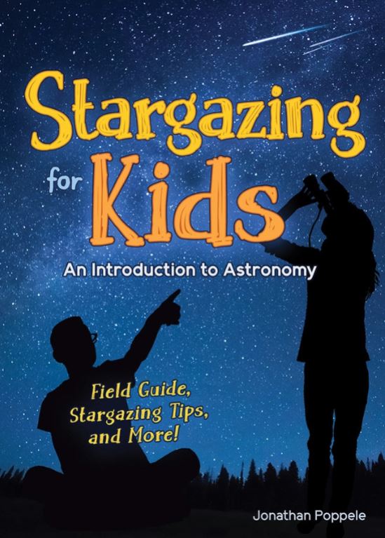 Book cover of 'Stargazing for Kids' with silhouettes against a starry night sky.