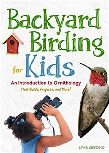Book cover of 'Backyard Birding for Kids' with a child and hummingbird illustration.