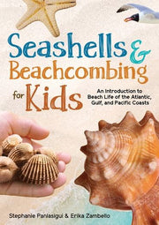 Book cover of 'Seashells & Beachcombing for Kids' with shells and a hand holding shells on a beach.