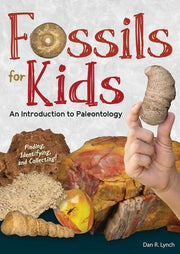 Book cover of 'Fossils for Kids' with fossils and a hand holding a fossil.