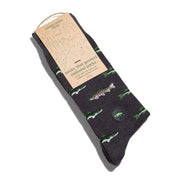 folded dark gray sock with rainbow trout and bass fish design