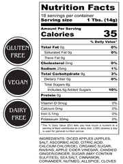 Nutrition facts label for apple chutney with gluten-free, vegan, and dairy-free labels.