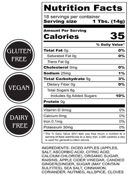 Nutrition facts label for apple chutney with gluten-free, vegan, and dairy-free labels.