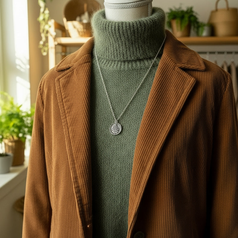 Necklace with a pendant on a mannequin bust against a shop background