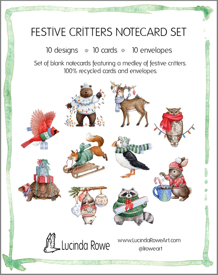 Festive critters notecard set with illustrations of animals in holiday attire, featuring the brand 'Lucinda Rowe'.