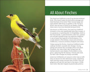 Yellow finch on a perch with text about finches on a green background