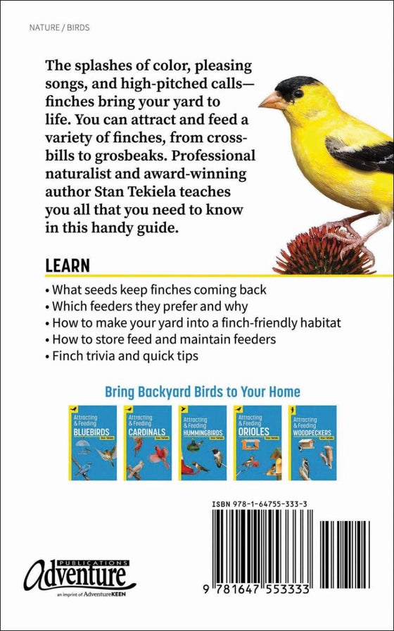 Back cover of a book about attracting and feeding finches with text and a yellow bird illustration.