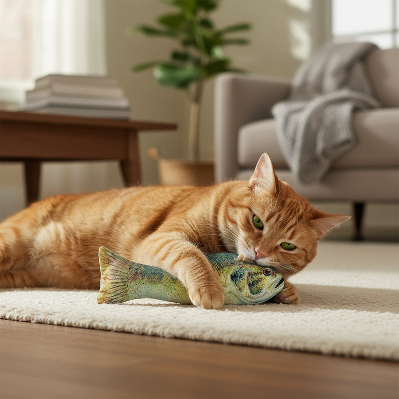 cat playing with fish toy on living room rug