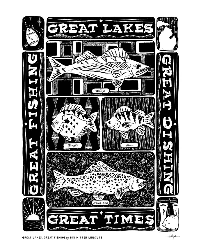 Great Lakes, Great Fishing Linoprint