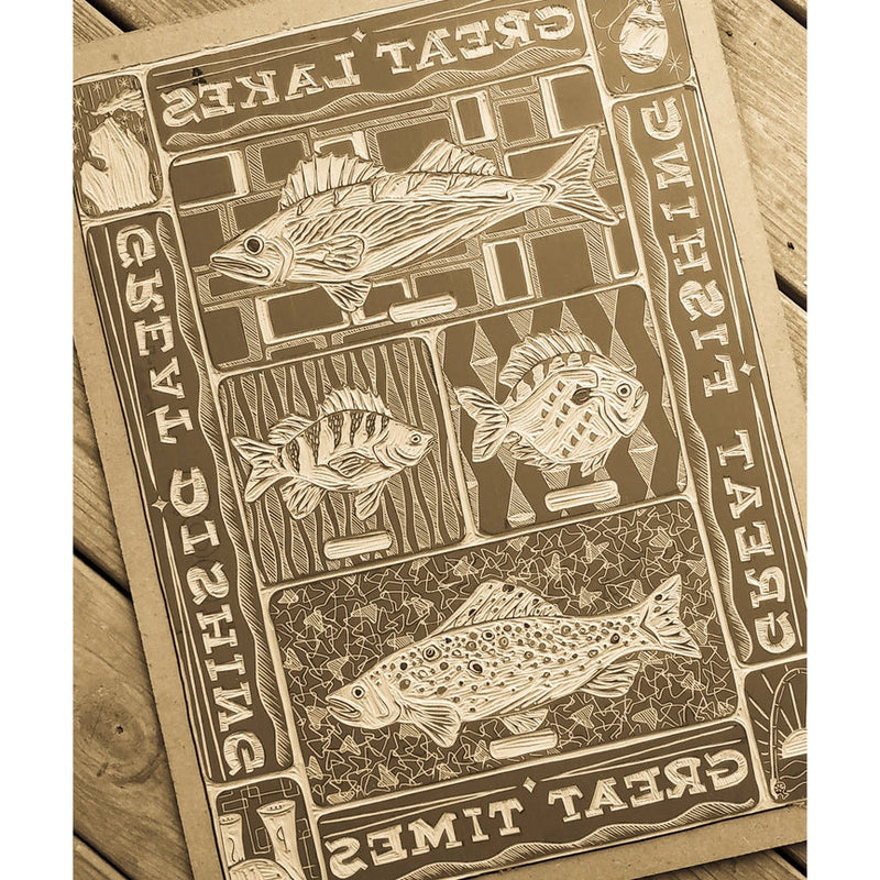 Great Lakes, Great Fishing Linoprint - lino board process
