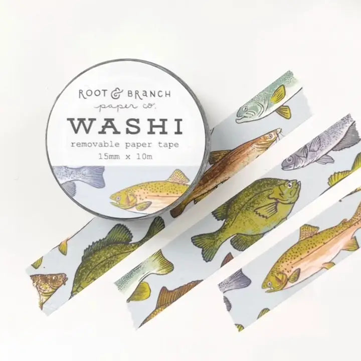 Washi paper tape with fish design and Root & Branch branding on a white background