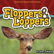 Book cover of 'Floppers & Loppers' with a deer's face and red and green background
