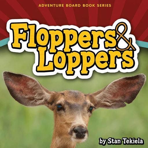 Book cover of 'Floppers & Loppers' with a deer's face and red and green background