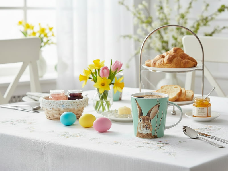 mug of hot coffee on an springtime breakfast table