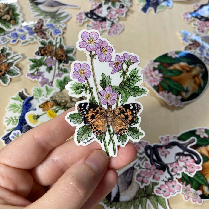Vinyl Sticker - Painted Lady Butterfly On Wild Geranium