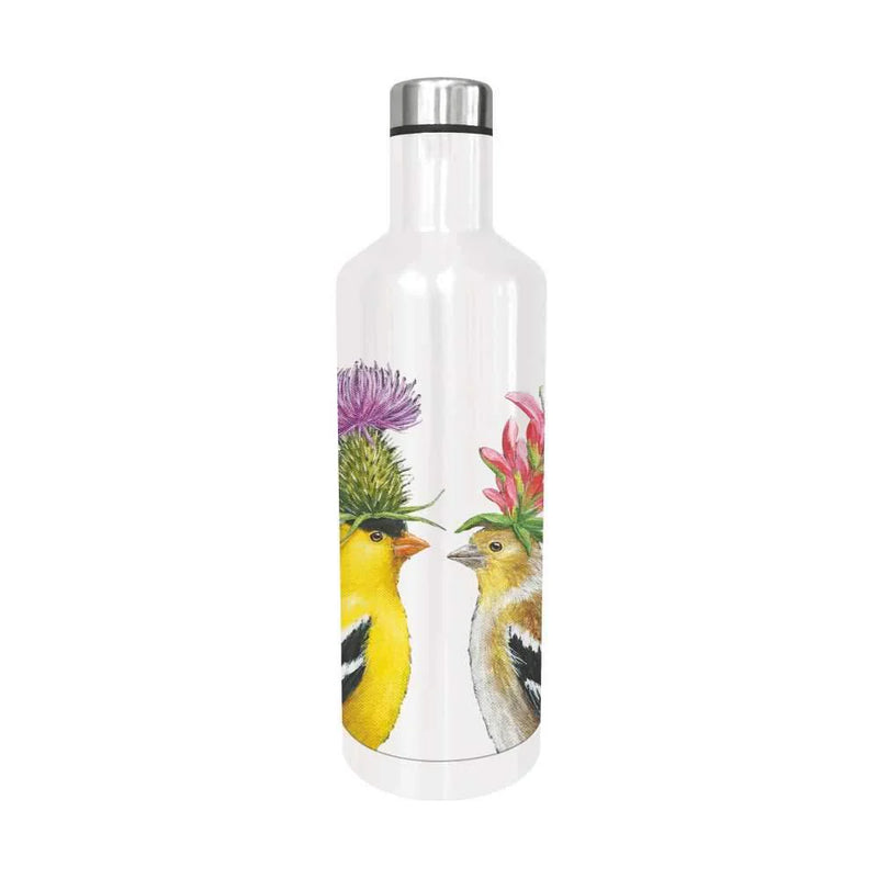White water bottle with a goldfinch pair wearing floral headwear on a white background