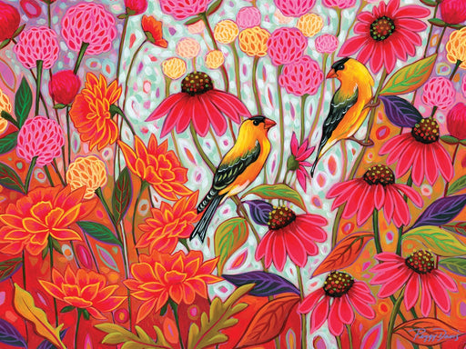Image of goldfinch perched on bright blooms 