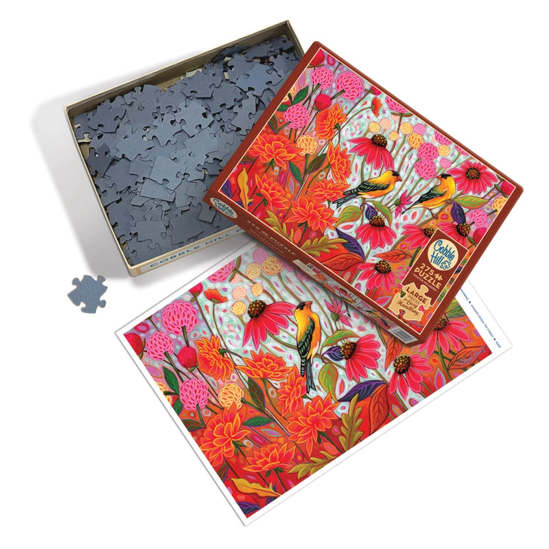 Springtime Goldfinches 275pc Puzzle - box of puzzle pieces with print of finished puzzle