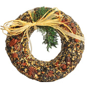 Birdseed wreath with a yellow ribbon on a white background