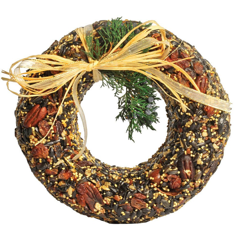 Birdseed wreath with a yellow ribbon on a white background