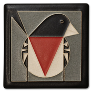 Decorative tile with geometric design of a red breasted grosbeak on a gray background