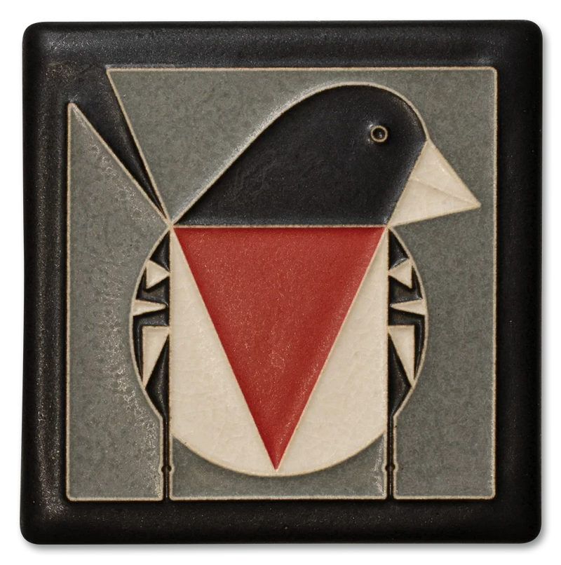 Decorative tile with geometric design of a red breasted grosbeak on a gray background