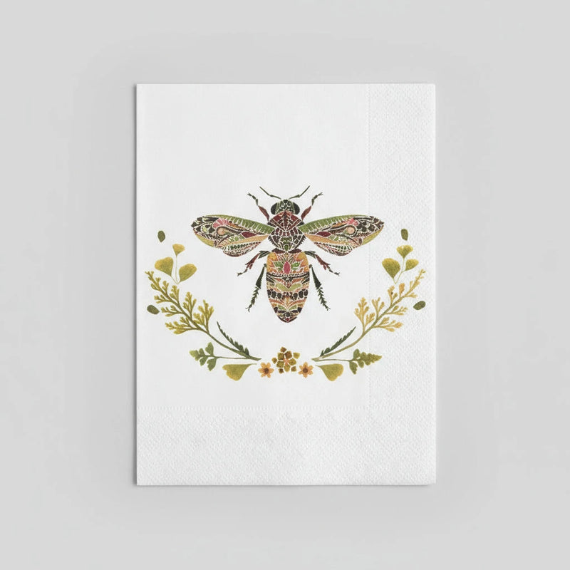 Guest size napkin with decorative illustration of a bee with floral elements on a white background