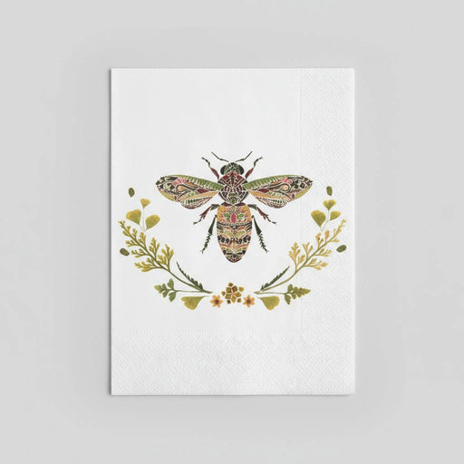 Guest size napkin with decorative illustration of a bee with floral elements on a white background